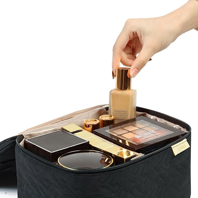 NISHEL Travel Makeup Bag Women, Cosmetic Organizer Case, Portable Essentials Case for Travel-Size Accessories Bottles, Brushes, and Skin Care Products, Black