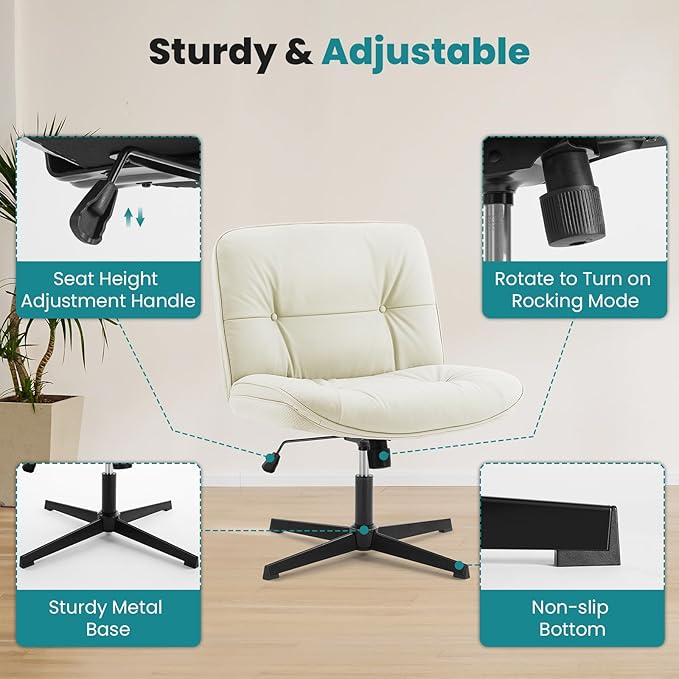 OLIXIS Criss Cross Chair Without Wheels, Cross Legged Office Chair, Armless Wide Vanity Desk Chair with Comfy PU Leather& Back - Swivel for Home Office Bedroom, Beige