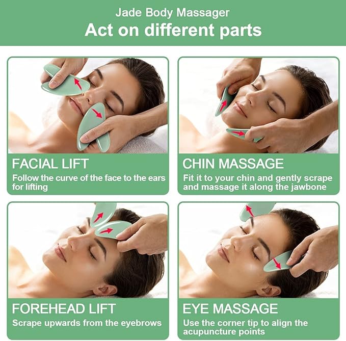 URAQT Gua Sha Massage Tool, 2 Pcs Natural Jade Gua Sha Board, Quartz Jade Stone Gua Sha Facial Tool, Face Scraping Massager, Anti Aging Massage Beauty Tool for Face, Eye, Neck