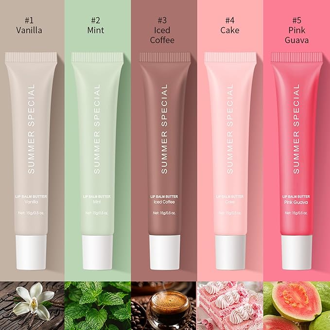 5 PCS Summer Special Lip Butter Hydration Lip Gloss with Shea Butter & Olive Oil Soothes Dry Lips and Lip Care Lip Balm with Natural Tint & Gloss Effect Lip Stain Vanilla/Mint/Iced Coffee/Cake/Guava