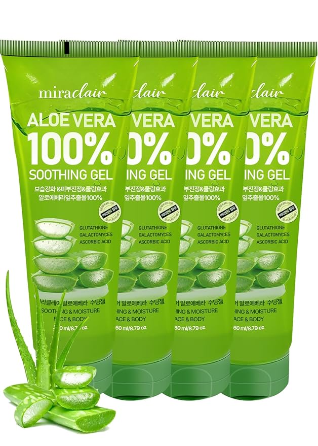 MIRACLAlR Aloe Vera Gel (4PCS) | 100% Pure Aloe Gel for Face, Body & Sunburn Relief - Durable Moisturizing Hydrating Soothing, Squeeze-on Mask, Made in Korea, Travel Size. (4, 8.79 fl.oz)