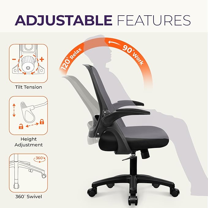 NEO CHAIR Office Desk Computer Gaming Ergonomic Chair with Lumbar Back Support Adjustable Height Swivel Wheels Flip-up Arms Mesh Chair for Home or Office (Black)