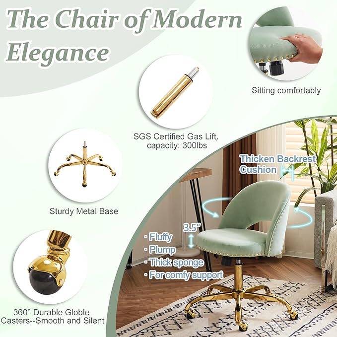 VINGLI Modern Velvet Small Office Chair,Cute Desk Chair with Wheels,Gold Base/Studs, Comfy Armless Swivel Vanity Task Chair for Women/Girl/Kids, Nail Tech Chair for Bedroom,Small Space,Mint Green