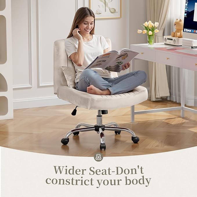 Velvet Office Chair, Luxury Criss Cross Chair with Wheels, Comfy Cross Legged Desk Chair for Home Office, Height Adjustable Vanity Chair, Wide Seat Computer Chair, Gift for Girlfriend, Beige