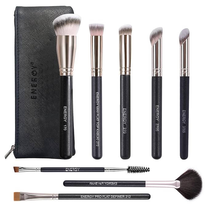ENERGY Makeup Brushes Premium Synthetic Foundation Powder Concealers Eye Shadows Mascara Eyeliner Brow Fan Blush Makeup Brush Set with PU Cosmetic Bag,Professional Make Up Kit Black 8 Pcs