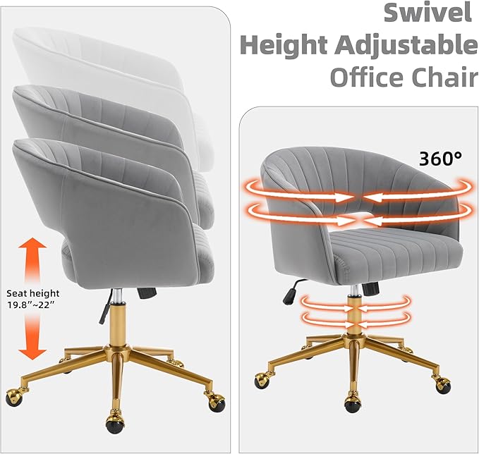 Westice Gray Home Office Desk Chairs, Modern Velvet Rolling Chair, Height Adjustable Swivel Vanity Chair with Golden Base, Ergonomic Chair for Study, Living Room Computer Room