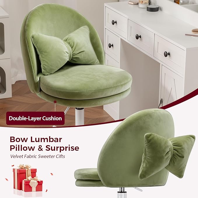 GTPLAYER Velvet Tall Office Chair with Wheels Vanity Chairs with Back, Versatile Height Use: Office to Bar Stools Small Ergonomic Comfy Armlees Computer Desk Chair with Bow Lumbar Pillow for Gift