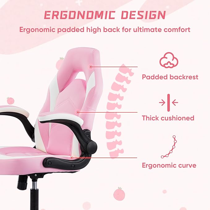 NEWBULIG Computer Gaming Desk Chair - Big Tall Ergonomic Lumbar Support with Flip-up Armrest and 360° Swivel Wheels, PU Leather Height Adjustable, for Home and Office, Pink