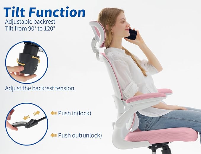 TRALT Ergonomic Office Chair - Desk Chair with Adjustable Headrest Lumbar Support Computer Chair - Mesh Comfy Chair with Flip-up Armrests - Gaming Chairs for Adults Home Office (Leather, Pink)
