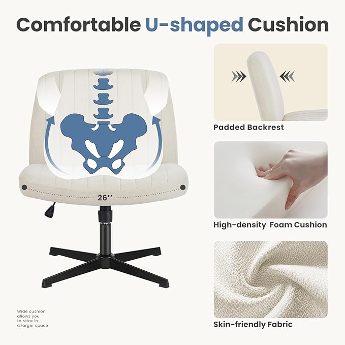 DUMOS Criss Cross Chair Legged Office Wide Comfy Desk Seat, No Wheels Armless Computer Task Seating, Swivel Comfy Vanity Fabric Modern Home Height Adjustable