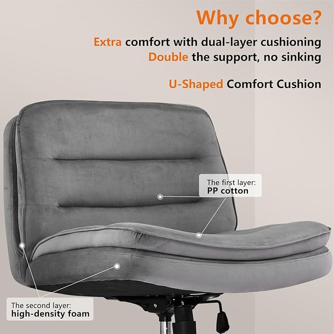COMHOMA Criss Cross Chair with Wheels Armless Cross Legged Office Chair Wide Home Office Desk Chair Swivel Comfy Vanity Desk Chair Height Adjustable Mid Back Wide Seat Computer Task Chair