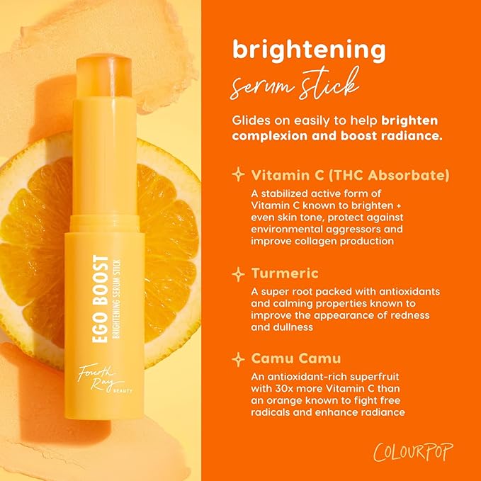 ColourPop Brightening Vitamin C Serum Stick - Face & Under Eye Balm Stick for Glowy Summer Makeup Prep - Enriched with Turmeric to Help Approve the Appearance of Redness - Ego Boost (0.25 oz)