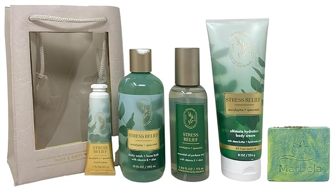 Bath & Body Works Aromatherapy Stress Relief Eucalyptus Spearmint Gift Set - Body Cream, Body Wash & Foam Bath, Essential Oil Perfume Mist and Hand Cream - with a Fresh Forest Bar Soap