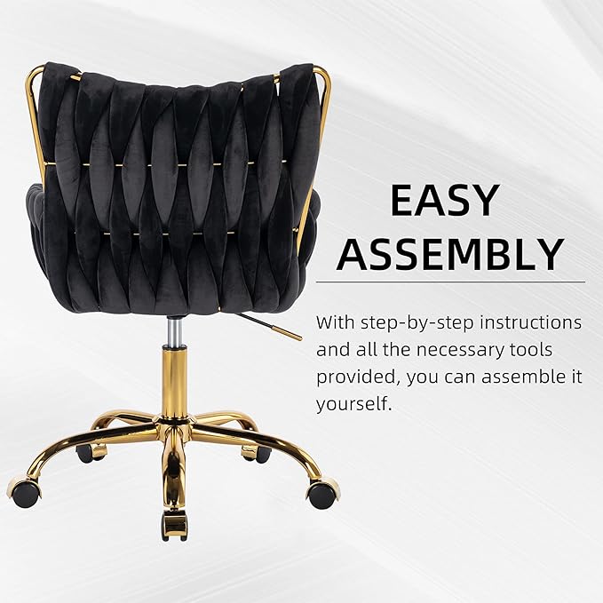 Westice Velvet Desk Chair, Home Office Gold Comfy Chair with Hand Woven High Back, Height Adjustable Swivel Chair with Comfy Upholster for Makeup Vanity Living Room Bedroom, Black