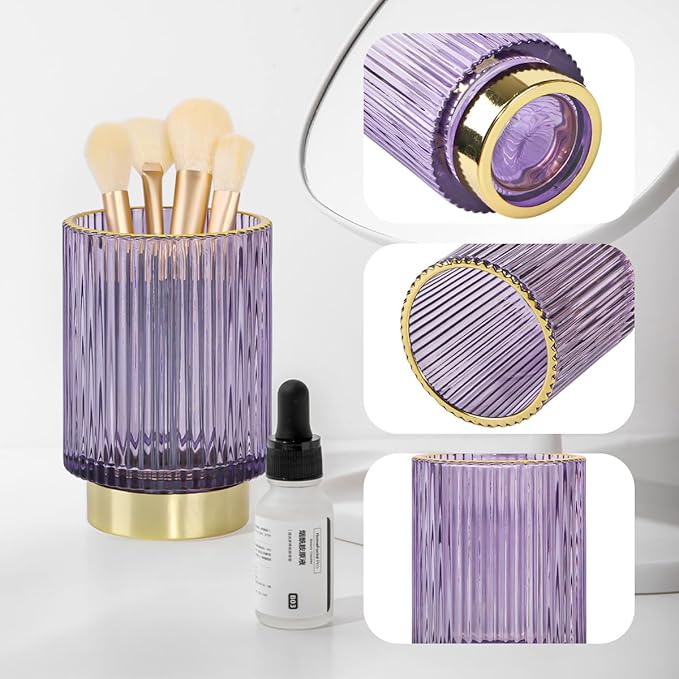 Purple Makeup Brush Holder, Glass Toothbrush Holders for Bathrooms, Gold Pen Holder for Desk, Vintage Make Up Brush Holder Vanity Organizer for Brushes, Lipstick, Eyebrow Pencil