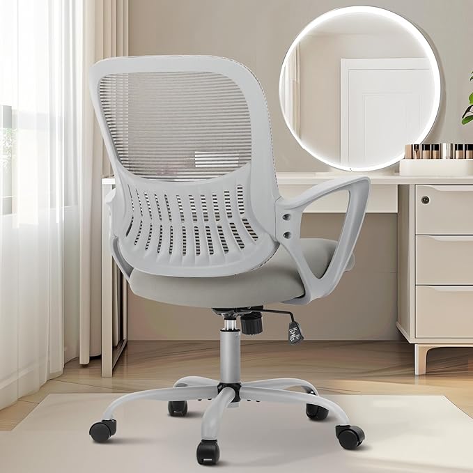 DUMOS Home Office Desk Chair - Ergonomic Mid Back with Lumbar Support & Fixed Armrest, Height Adjustable with Rocking Mode, Storage Back for Computer, Gaming, Conference, 360° Swivel, Grey