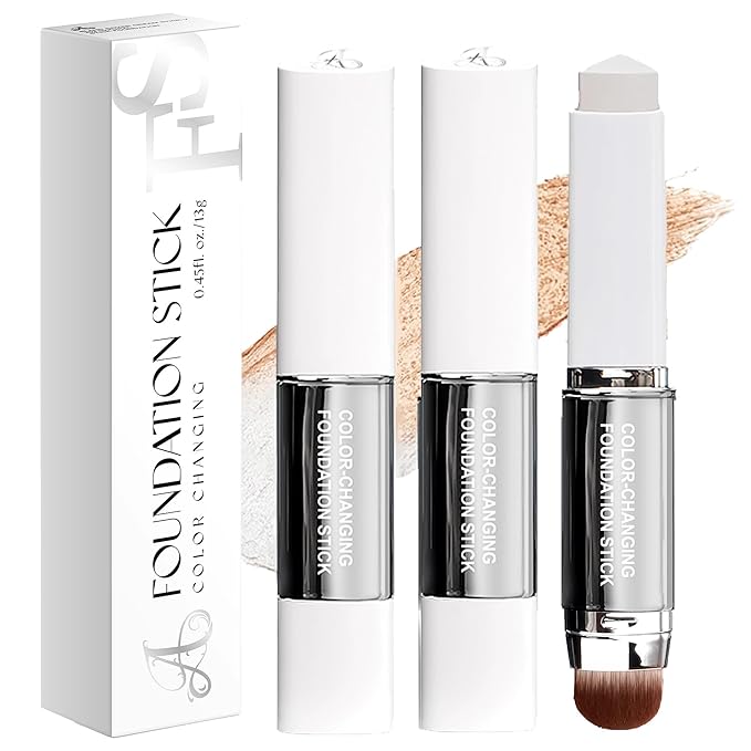 Color Changing Foundation Stick V, Korean Makeup Cream Stick 3 In 1- White Foundation- Full Coverage Hydrating Concealer Balm, 2PCS Dual-Ended With Detachable Brush