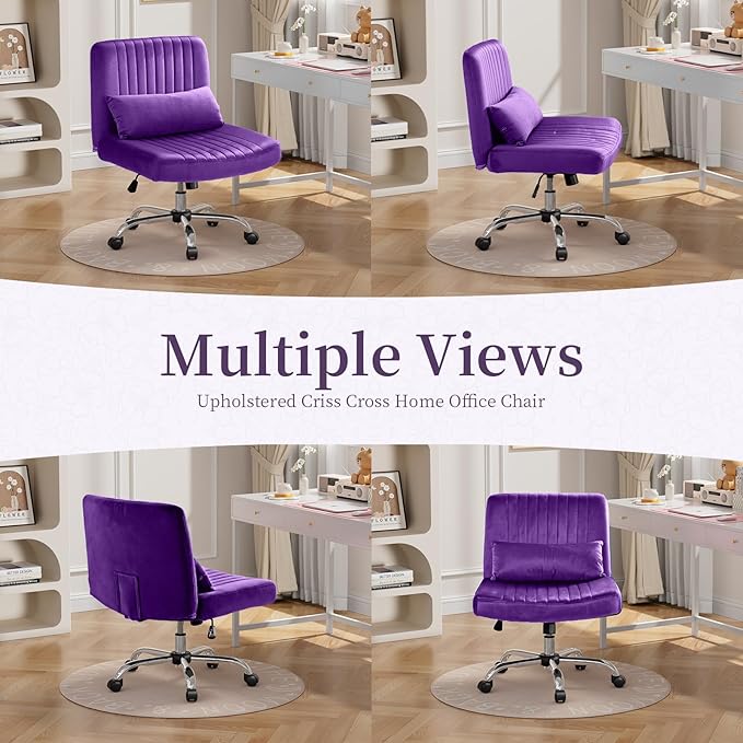 Warmiehomy Velvet Criss Cross Chair with Wheels, Cross Legged Office Chair, Comfy Desk Chair for Home Office, Ergonomic Computer Chair, Wide Seat Vanity Chair, Birthday Gift for Women, Purple