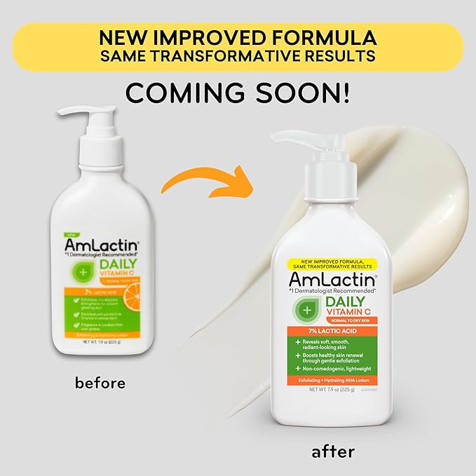 AmLactin Daily Vitamin C Lotion – Brightening Body Lotion for Dry Skin - No-Scrub Exfoliator and Moisturizer with 7% Lactic Acid AHA and Vitamin C, 7.9 oz (Packaging May Vary)
