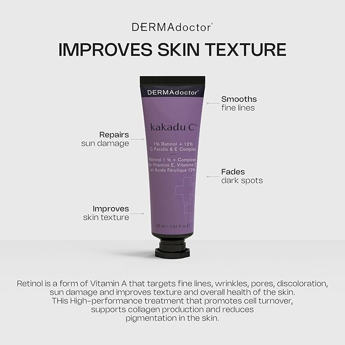 DERMAdoctor Retinol Cream for Face - Stabilized Vitamin C, Vitamin E, Ferulic Acid Anti Aging Face Cream 1% Retinol Facial Moisturizer Night-Cream for Dullness, Discoloration, Fine Lines, & Wrinkles