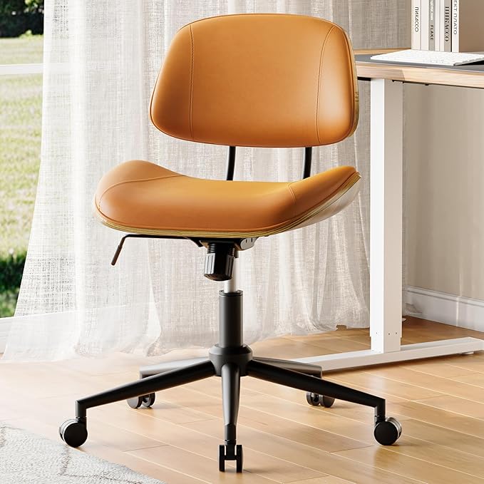 Armless Office Chair with Wheels, PU Leather Adjustable Height Desk Chair, 360° Swivel Ergonomic Computer Chair for Small Space, Modern Walnut Style, Home Office & Meeting Room, Brown