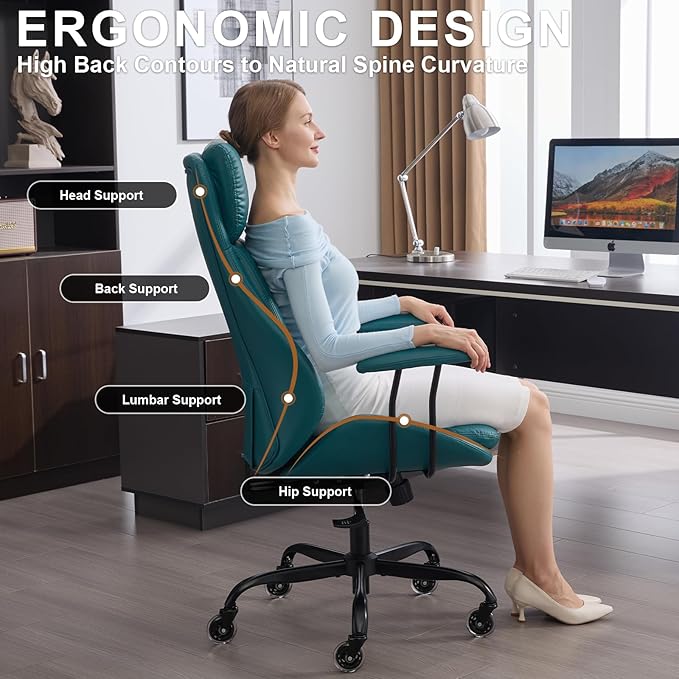 Office Chair, Leather Desk Chair with Rubber Wheels, Ergonomic Computer Chair 500 LBS with Lumbar Support, High Back Executive Chair for Modern Home Office, Green
