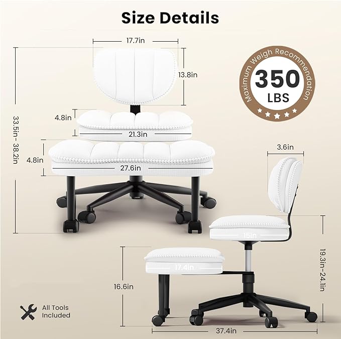 Cross Legged Office Chair, Ergonomic Cloud Criss Cross Desk Chair, Meditation Chair with Wheels, Height Adjustable Seat for ADHD, Wide Kneeling Chair with Back Support, Corduroy Fabric,White