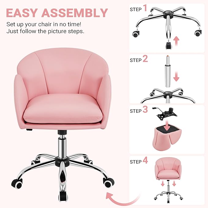 Yaheetech Cute Petal Desk Chair Home Office Chair Swivel Upholstered Leather Desk Chair Makeup Vanity Chair with Armrests for Bedroom Modern Computer Rolling Chair for Women Simple Pink