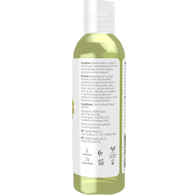 NOW Solutions, Grapeseed Oil, Skin Care for Sensitive Skin, Light Silky Moisturizer for All Skin Types, 4-Ounce