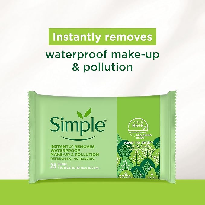 Simple Kind to Skin Facial Wipes Gentle and Effective Makeup Remover Cleansing Free from color and dye artificial perfume and harsh chemicals 25 Wipes