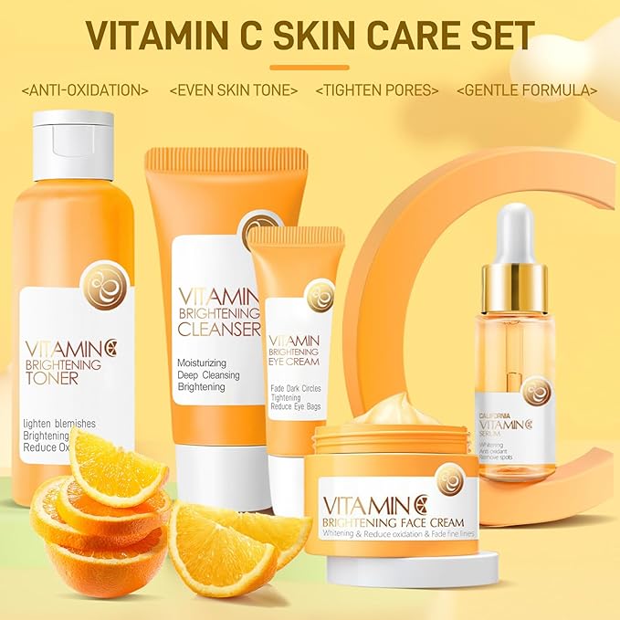 5Pcs Vitamin C Skincare Set, Skin Care for Kids, Skincare Gift Sets with Cleanser, Toner, Serum, Eye Cream, Facial Cream, Skin Care Set for Girls Ages 8-12, Travel Facial Kit for Girls