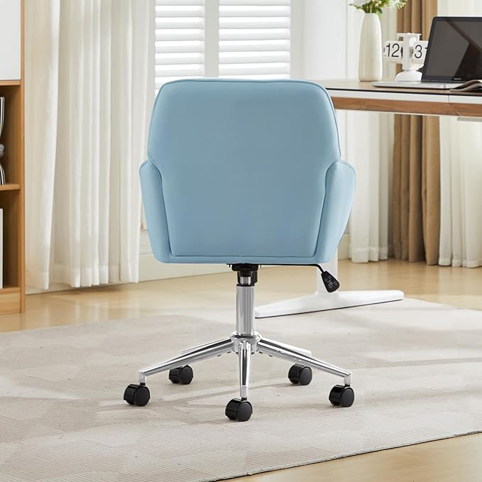 Velvet Home Office Desk Chair, Modern Cute Computer Task Chair with Back, Height Adjustable Upholstered Vanity Chair with Swivel Wheels for Women, Girls (Silver Base, Light Blue