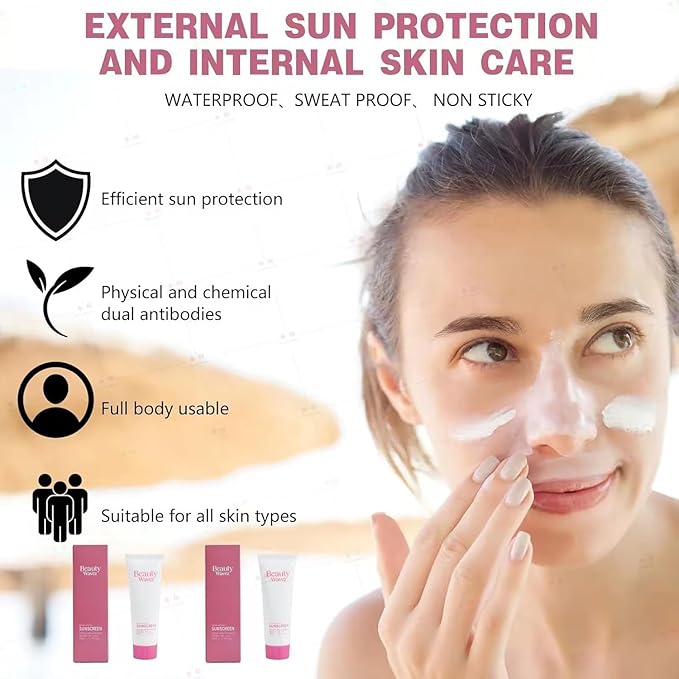 Beauty Wavez Organic Sunscreen SPF 50 - Broad Spectrum, Waterproof Sunscreen with Rice and Probiotics for All Skin Types - UVA/UVB Sun Protection Travel Size Sunscreen for Sports & Outdoor, 1.7 floz