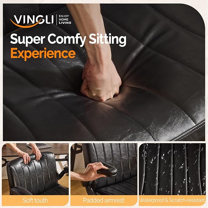 VINGLI Criss Cross Chair with Adjustable Flip-Up Arms,Cross Legged Chair with Wheels, Extra Wide Office Chair,Comfortable Desk Chair for Home Office, Vanity, Bedroom, PU Leather,Black