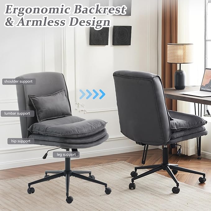 VINGLI Cloud Criss Cross Legged Chair,18" High Back Armless Home Office Desk Chair with Wheels,Wide Adjustable Comfy Padded Seat Task Computer Chair,Modern Swivel Makeup Vanity Chair,Microfiber,Grey