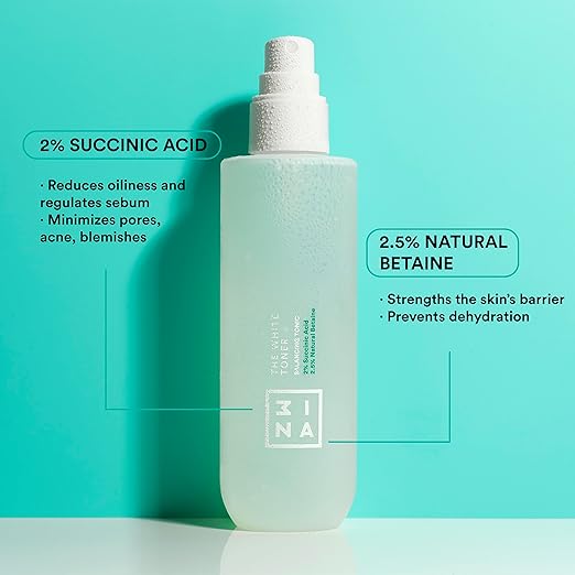 3ina Makeup - The White Toner - Face Toner with 2% Succinic Acid + 2.5% Natural Betaine - Facial Toner Reduces Oily Sebum & Acne - Face Toner - Vegan - Cruelty Free