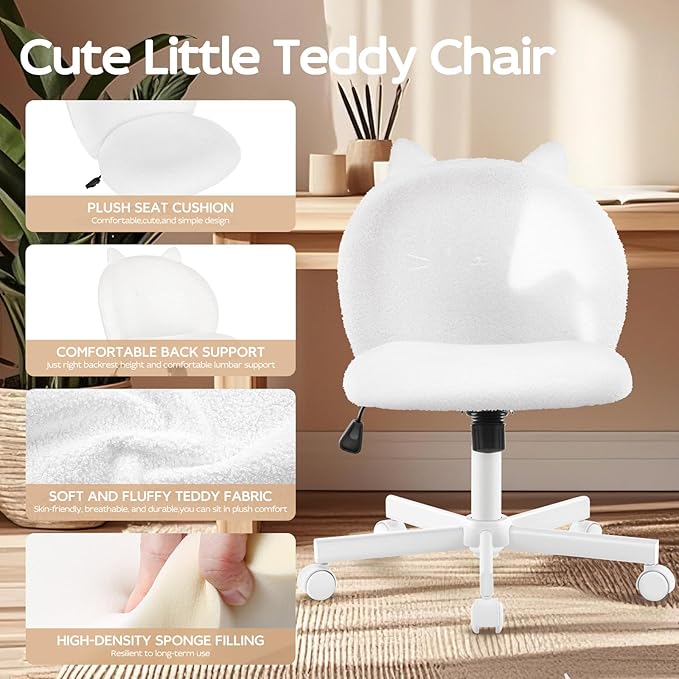 Vanity Chair with Cat Back,Armless Desk Chair Cute Small Office Chair,Teddy Fabric Computer Chair with Adjustable Height,120°Tilting,Rolling,Swivel for Vanity,Kids Room,Office,Bedroom White