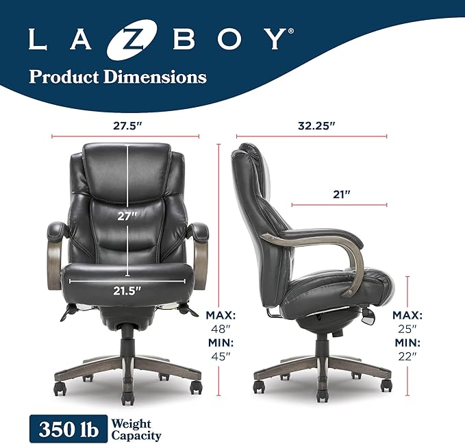 La-Z-Boy Delano Big and Tall Executive Office Chair - Ergonomic Lumbar Support Memory Foam - Bonded Leather Desk Chair for Home Office - Weathered Grey Wood Arms - Black