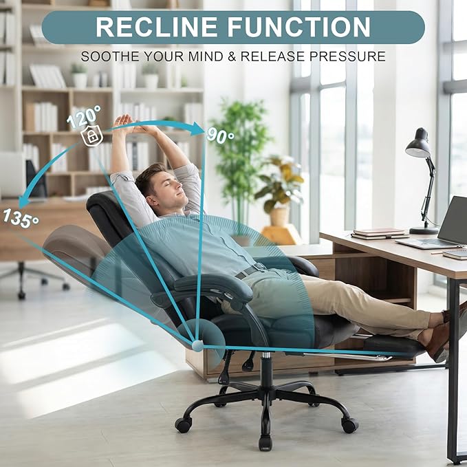 Executive Office Chair,High Back Ergonomic Comfy Desk Chair with Footrest and Padded Linkage Armrests,PU Leather Heavy Duty Computer Swivel Rolling Task Chair for Home Office,Adults,Black