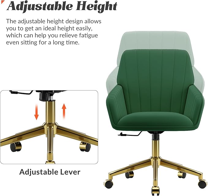 YISHENG Velvet Office Desk Chair with Gold Base, with Wheels,Modern Height Adjustable 360 Degree Swivel Upholstered Vanity Chairs with Arms for Living Room Bedroom,Green