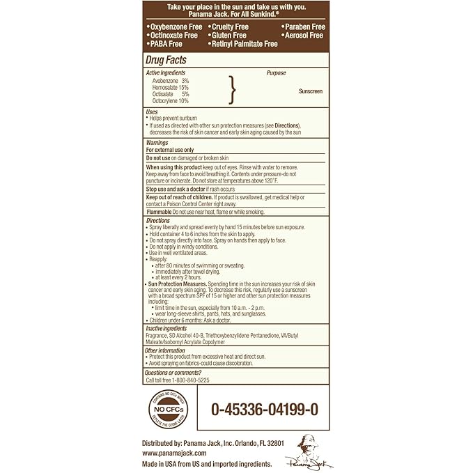 Panama Jack Continuous Spray Sunscreen - SPF 100, Broad Spectrum UVA/UVB Protection, PABA, Paraben, Gluten & Cruelty Free, Water Resistant (80 Minutes), 5.5 OZ (Pack of 1)