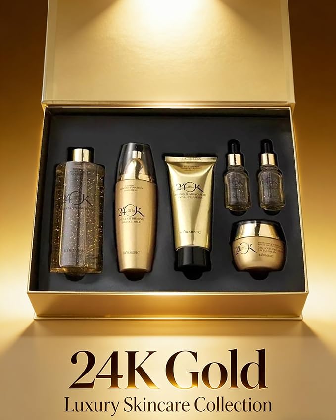 24K Gold Skin Care Set for Women, 6-Piece Collection Anti-Aging Skincare Kit: Facial Cleanser 100g, Toner 300ml, Essence Milk 100ml, Face Cream 50g, 2 Serums 15ml for Valentine's Day, Mother's Day
