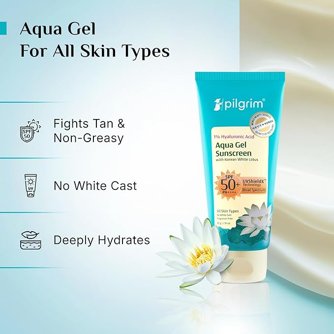 Pilgrim Aqua Gel Sunscreen SPF 50+ PA++++ with 1% Hyaluronic Acid & Korean White Lotus | Broad Spectrum UV Protection | Lightweight Hydrating Sunscreen for All Skin Types | 1.69 Fl Oz (50 ml)
