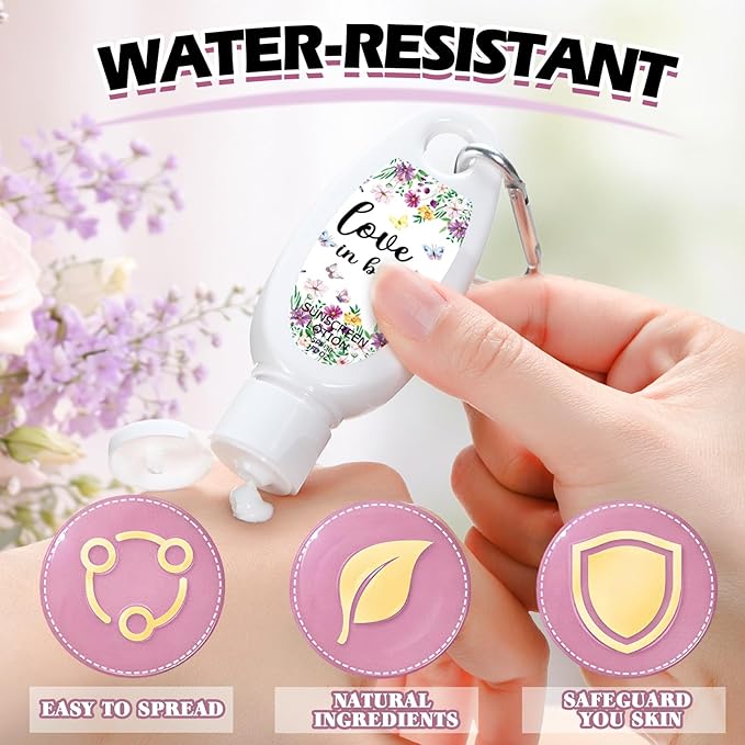 Leelosp 30 Pcs Mini Sunscreen with Carabiner Bulk Travel Size 1 Fl. oz. Spf 30 Sunblock Lotion Love in Bloom Wildflower Baby Shower Party Favor Bridal Shower Wedding Engagement Gifts for Guest