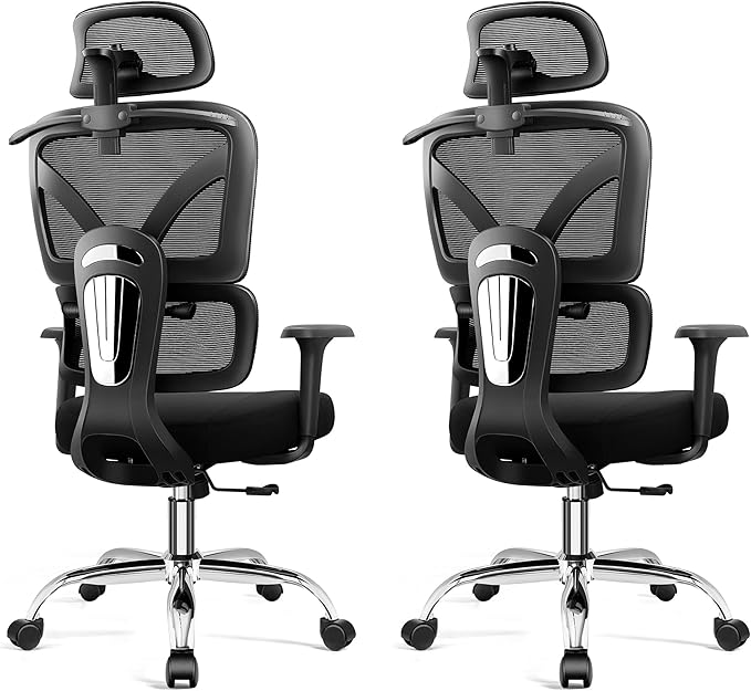Ergonomic Office Chair, High Back Mesh Desk Chairs Comfy with Adjustable Lumbar Support, Home Computer Gaming Chair with 3D Headrest for Long Hours, 2 Pack