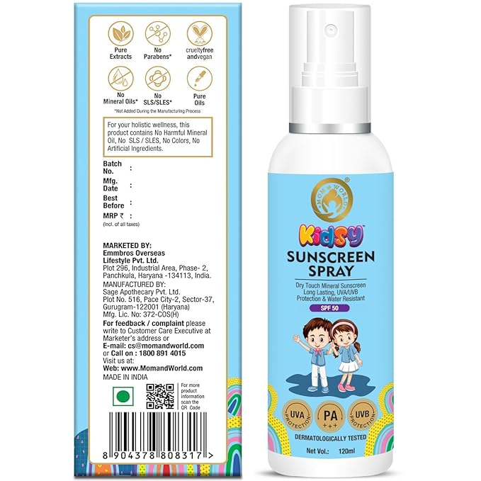 Mom & World Mineral Based Kids Sunscreen Spray SPF 50, Water Resistant, UVA/UVB PA+++, 120ml - Safe for Baby and Kids