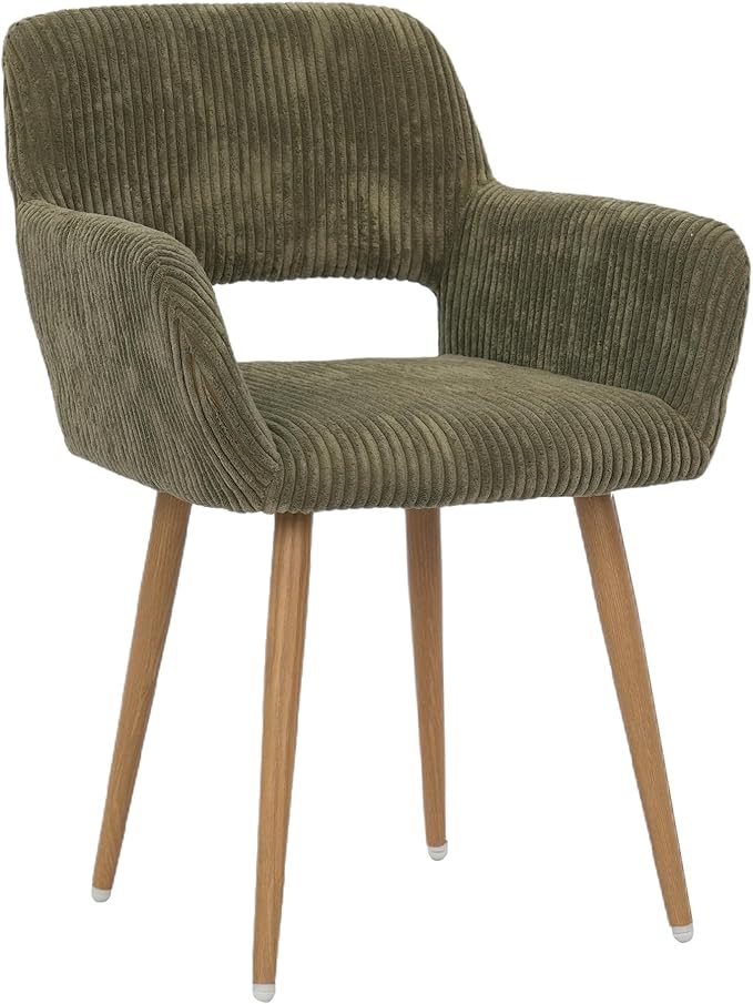 KCC Small Modern Dining Room Arm Chairs 1 Piece, Mid-Century Upholstered Corduroy Fabric Side Seat Club Guest with Metal Tube Legs for Kitchen, Living Room, Green