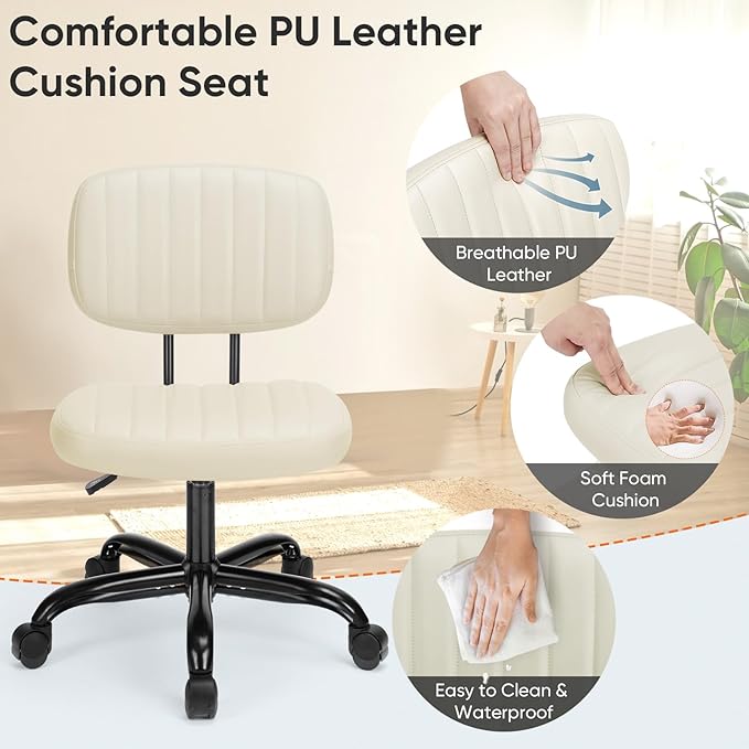 DUMOS Small Office Desk Chair - Armless PU Leather with Comfy Lumbar Support, Height Adjustable Rolling Swivel Task for No Arms, for Adult, Student, Bedroom, Home, Vanity, Beige White