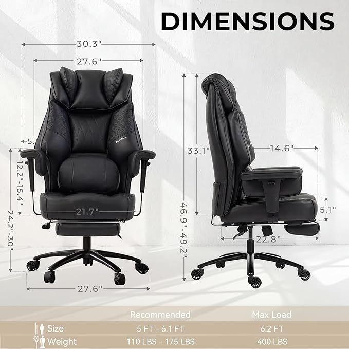 Dowinx Big and Tall Office Chair with Massage Lumbar Support,Executive Office Chair with Wide Thick Seat Cushion and Adjustable Armrest,Computer Gaming Chairs with Footrest (Black,PU Leather)