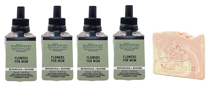 Bath & Body Works Flowers For Mom Wallflowers Fragrance Refill Pack of 4 with a Himalayan Salts Springs Sample Soap.
